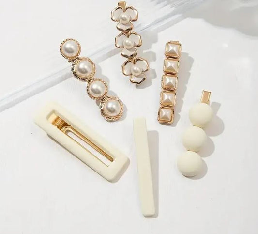 Korean Style Pearl Decor Elegantt Alligator Hair Clips | Multi Design Hair Fringe Pin for Women & Girls (6PC Set)
