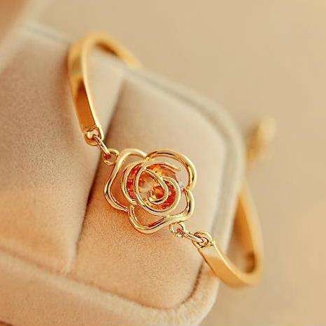 Women Golden Flower Crystal Rose Bangle Cuff Chain Bracelet. Rose camellia zircon bracelet