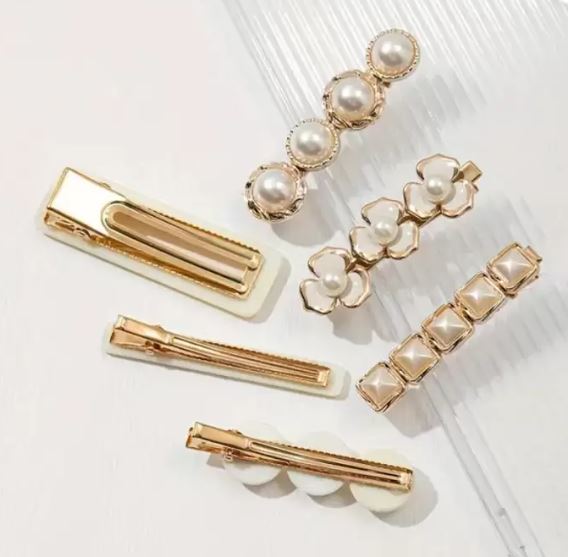 Korean Style Pearl Decor Elegantt Alligator Hair Clips | Multi Design Hair Fringe Pin for Women & Girls (6PC Set)