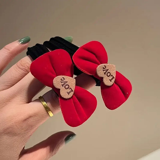 Red Velvet Bow Hair Ties with Wooden Heart "I Love You" Design - Cute Elastic Ponytail Holders, No-Damage Hair Bands for Women & Girls, Bows for Hair (2PC set)