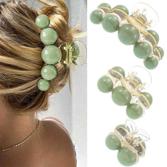 Pearl Hair Claw Clips Green Pearl Hair Clips Nonslip Claw Clips for Hair Accessories for Women (3 piece set)