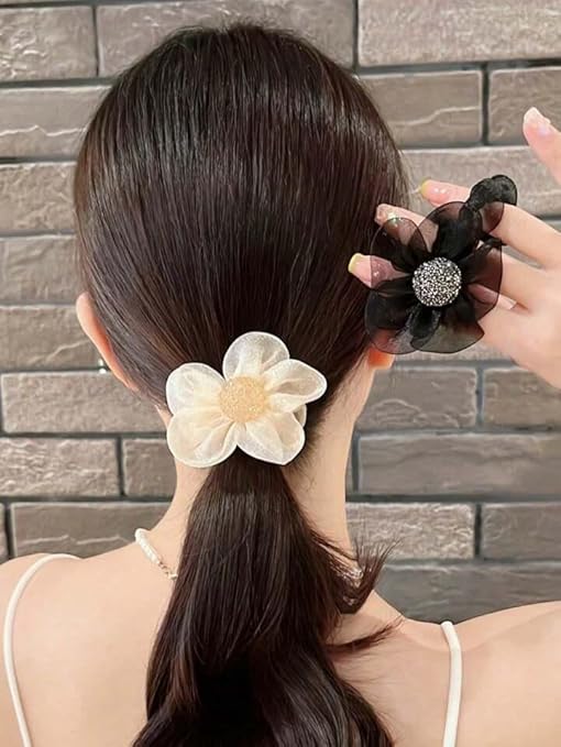 Elegant Small flower hair rubber band hair rope - White | No-Damage Hair Bands for Women & Girls, Bows for Hair