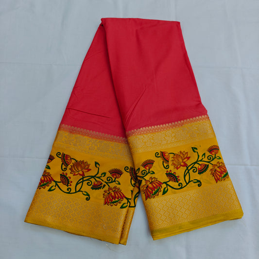 Premium semi Mysore silk bentex kalamkari border saree - ORANGE RED