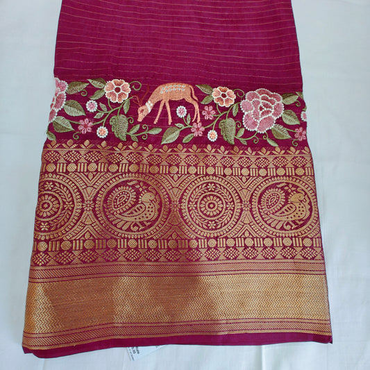 Zari Striped fancy silk saree with embroidery work  - PINK