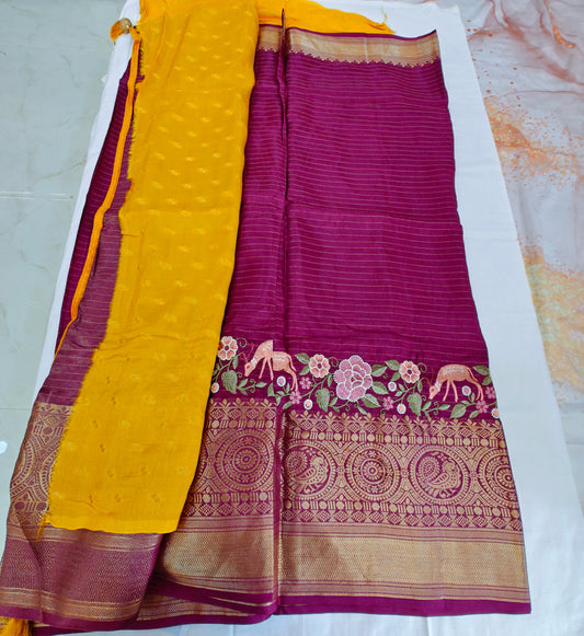 Zari Striped fancy silk saree with embroidery work  - PINK