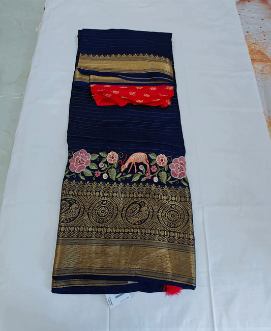 Zari Striped fancy silk saree with embroidery work - BLUE
