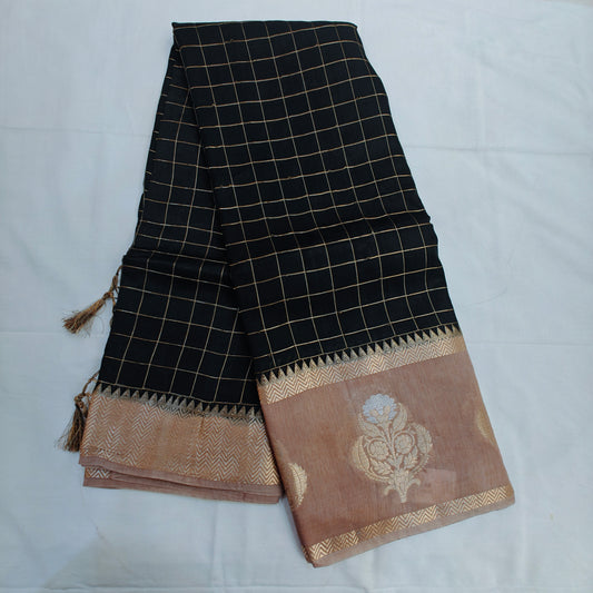 Cotton Silk Checks Saree with a designer zari border  - BLACK