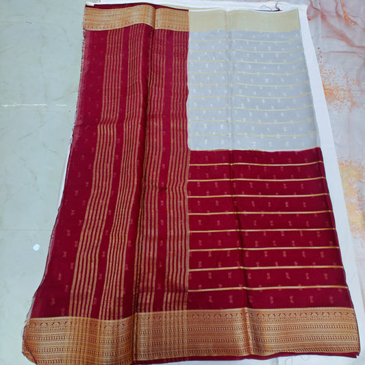 Pure Viscose Georgette Saree with a Jacquard Border  - Maroon and White
