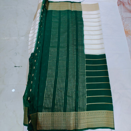 Pure Viscose Georgette Saree with a Jacquard Border  - Green and White