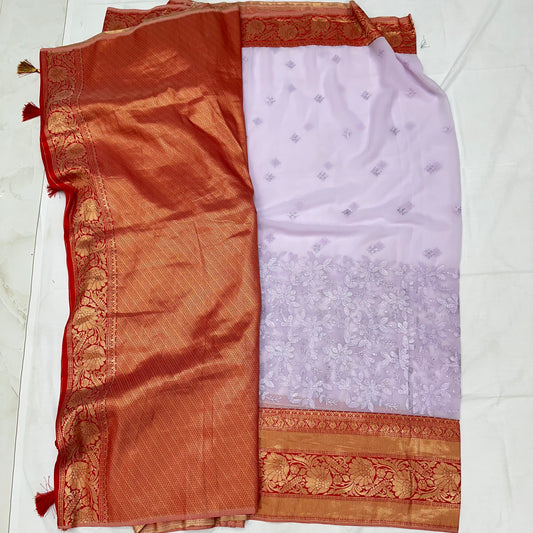 Thread work silk saree with paitani border - Lavender