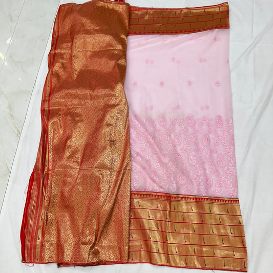 Thread work silk saree with paitani border - Baby pink