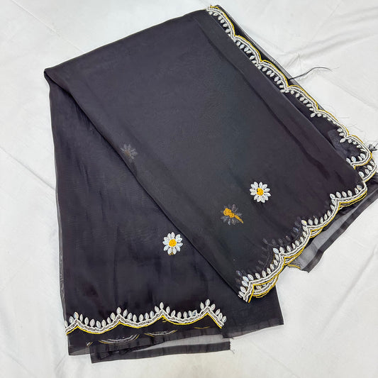 Silk hand work Saree with semi stitched blouse - Black & Yellow