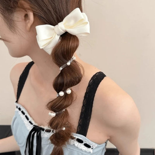 Cute Hair Accessories Telephone line pearl bow ponytail braid hair rope - WHITE | Ponytail Holder for Fine Thin Hair