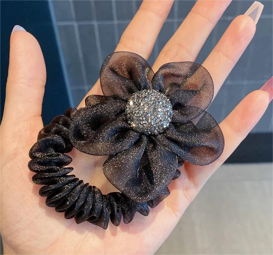 Elegant Small flower hair rubber band hair rope - BLACK | No-Damage Hair Bands for Women & Girls, Bows for Hair