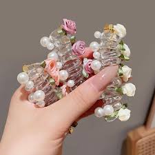 Cute Hair Accessories Telephone line pearl rose bush ponytail braid hair rope - Pink / Ponytail Holder for Fine Thin Hair