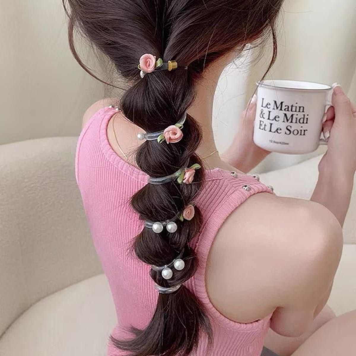 Cute Hair Accessories Telephone line pearl rose bush ponytail braid hair rope - Pink / Ponytail Holder for Fine Thin Hair