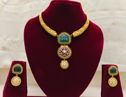 Diamond look statement Designer Necklace set - Green & Pink