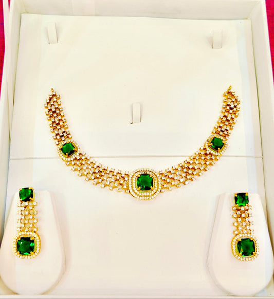 Diamond look statement Designer Necklace set - Green