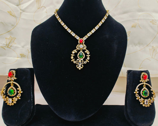 Diamond look statement Designer Necklace set - Green & Red