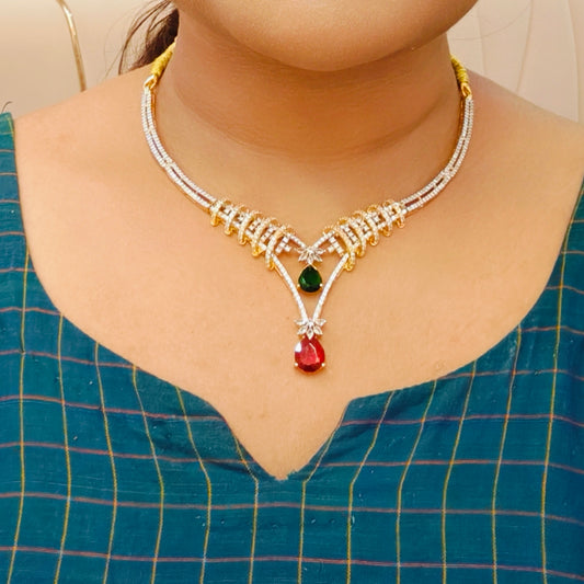 Diamond look statement Designer Necklace set - Green & Pink