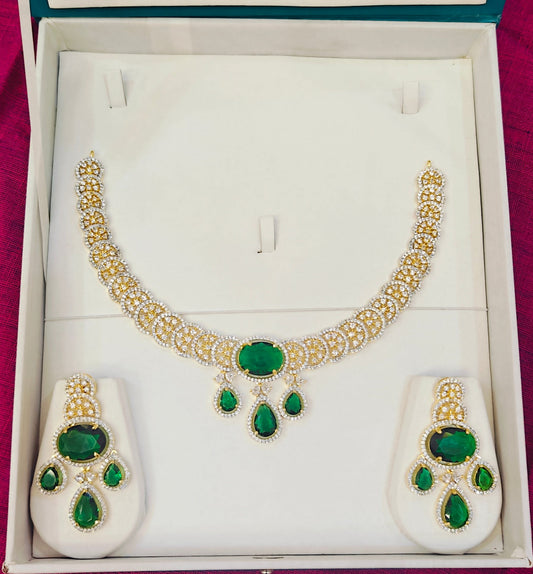 Diamond look statement Designer Necklace set - Green