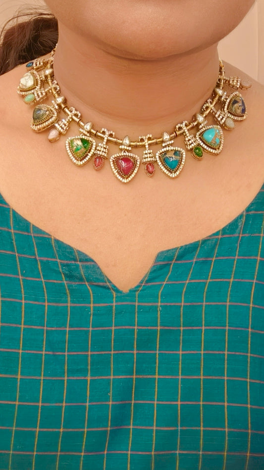Diamond look statement Designer Necklace set - Multi colour